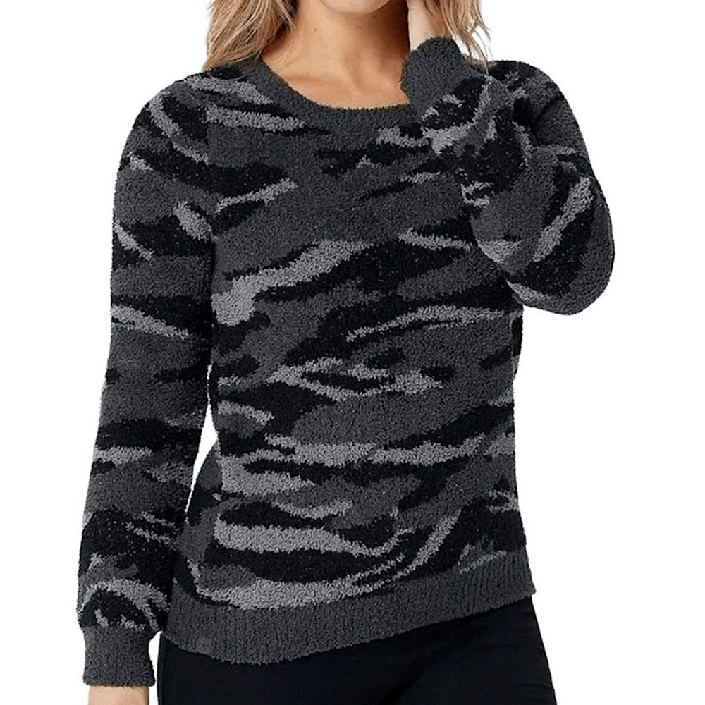 Barefoot Dreams CozyChic Seaside Pullover Sweater Carbon Camo Black Grey Size XS